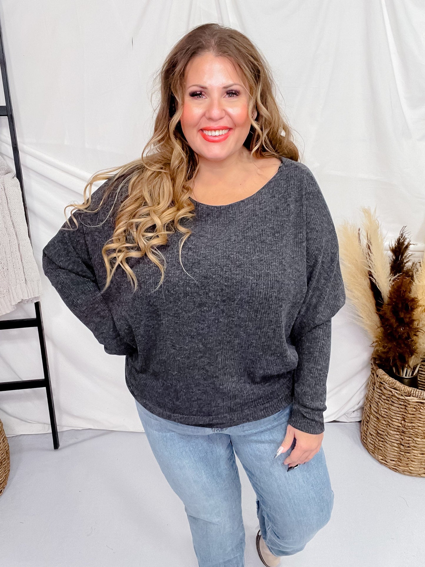 Round Neckline Solid Charcoal Long Dolman Sleeve Top - Whiskey Skies - ANDREE BY UNIT