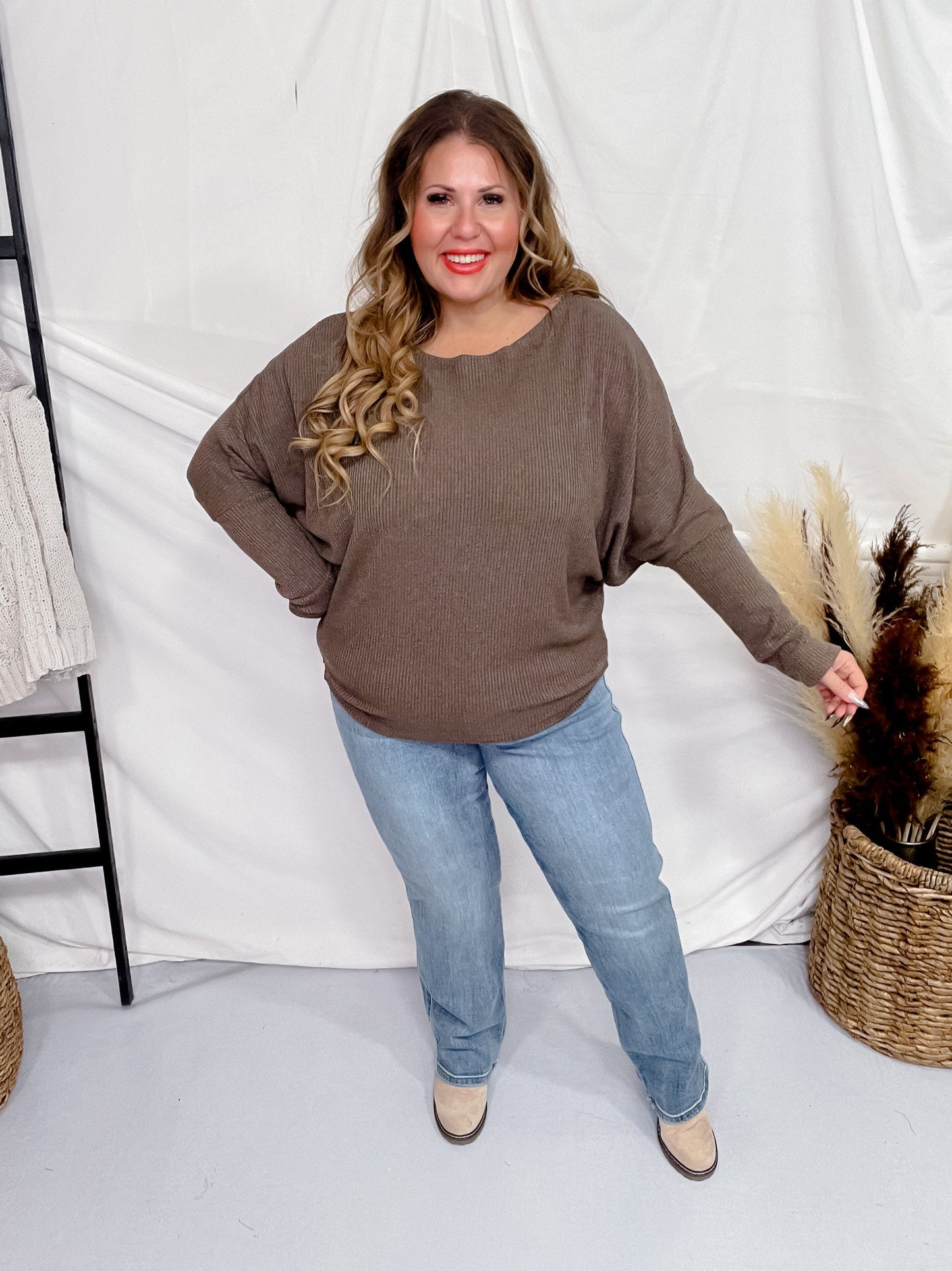 Round Neckline Solid Mocha Long Dolman Sleeve Top - Whiskey Skies - ANDREE BY UNIT