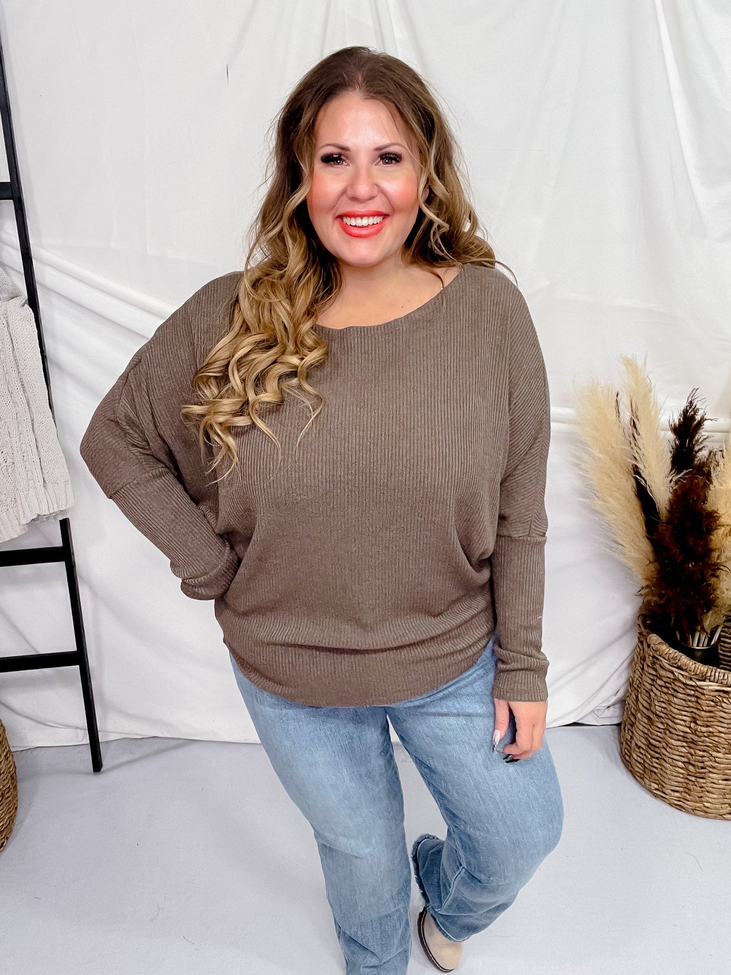 Round Neckline Solid Mocha Long Dolman Sleeve Top - Whiskey Skies - ANDREE BY UNIT