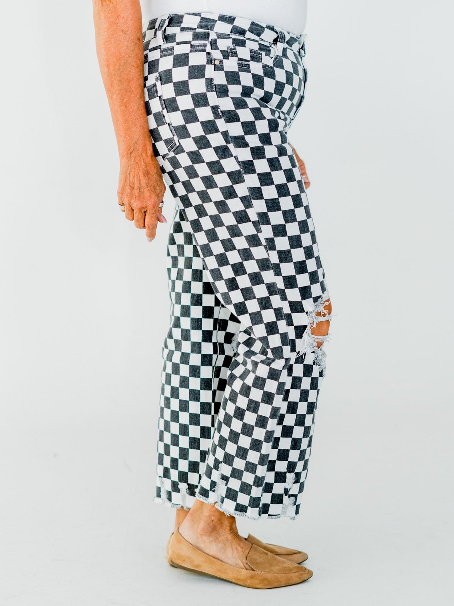 Round The Track Distressed Black & White Check Cropped Flare Jeans - Whiskey Skies - STERLING KREEK