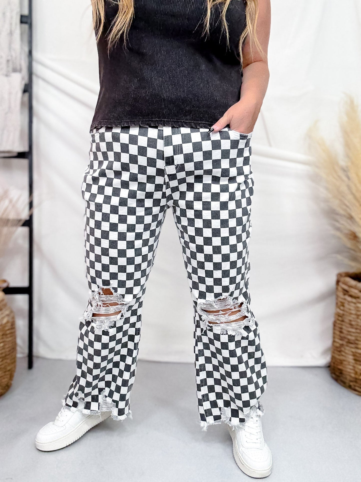 Round The Track Distressed Black & White Check Cropped Flare Jeans - Whiskey Skies - STERLING KREEK