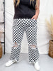Round The Track Distressed Black & White Check Cropped Flare Jeans - Whiskey Skies - STERLING KREEK