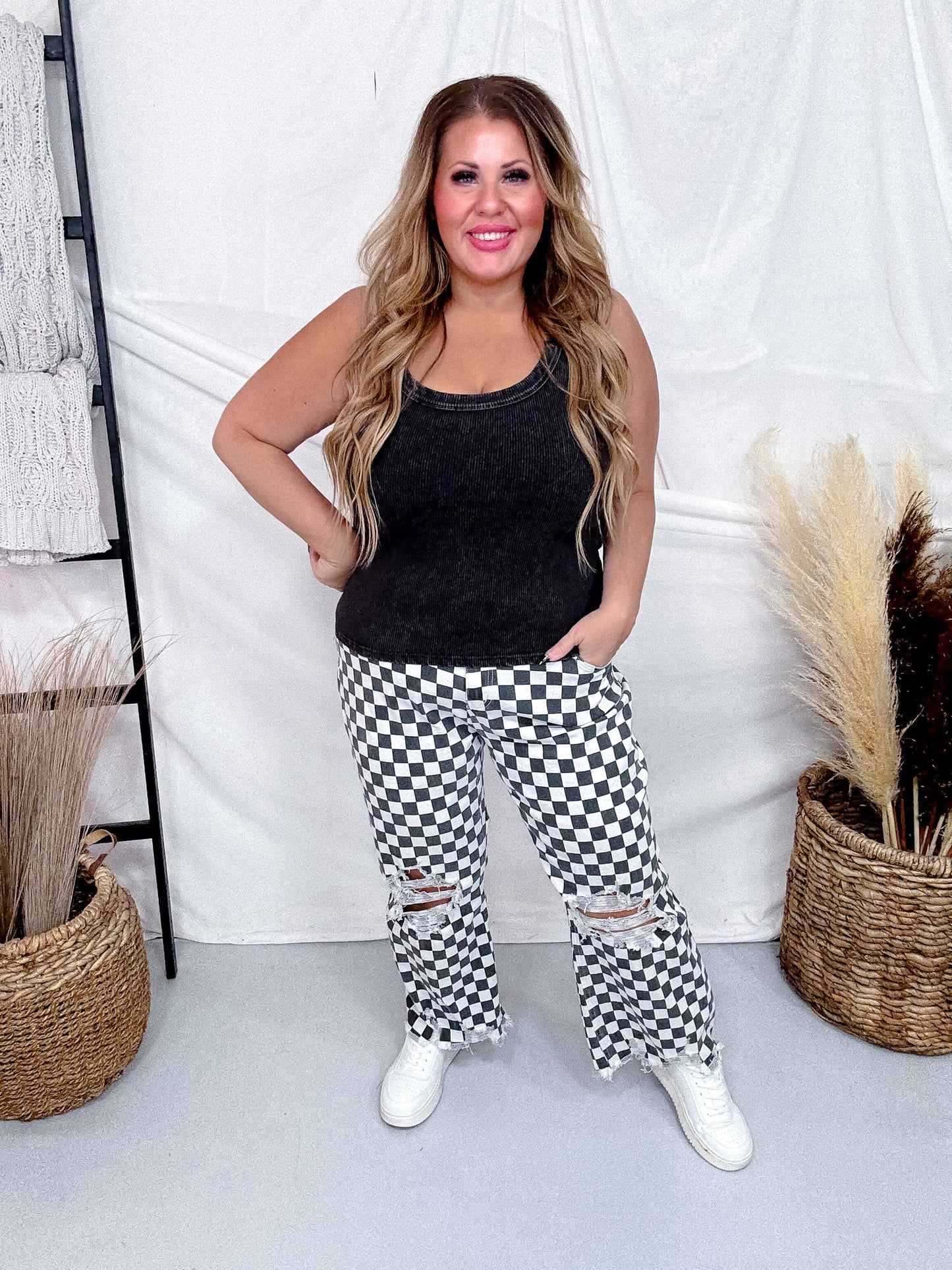 Round The Track Distressed Black & White Check Cropped Flare Jeans - Whiskey Skies - STERLING KREEK