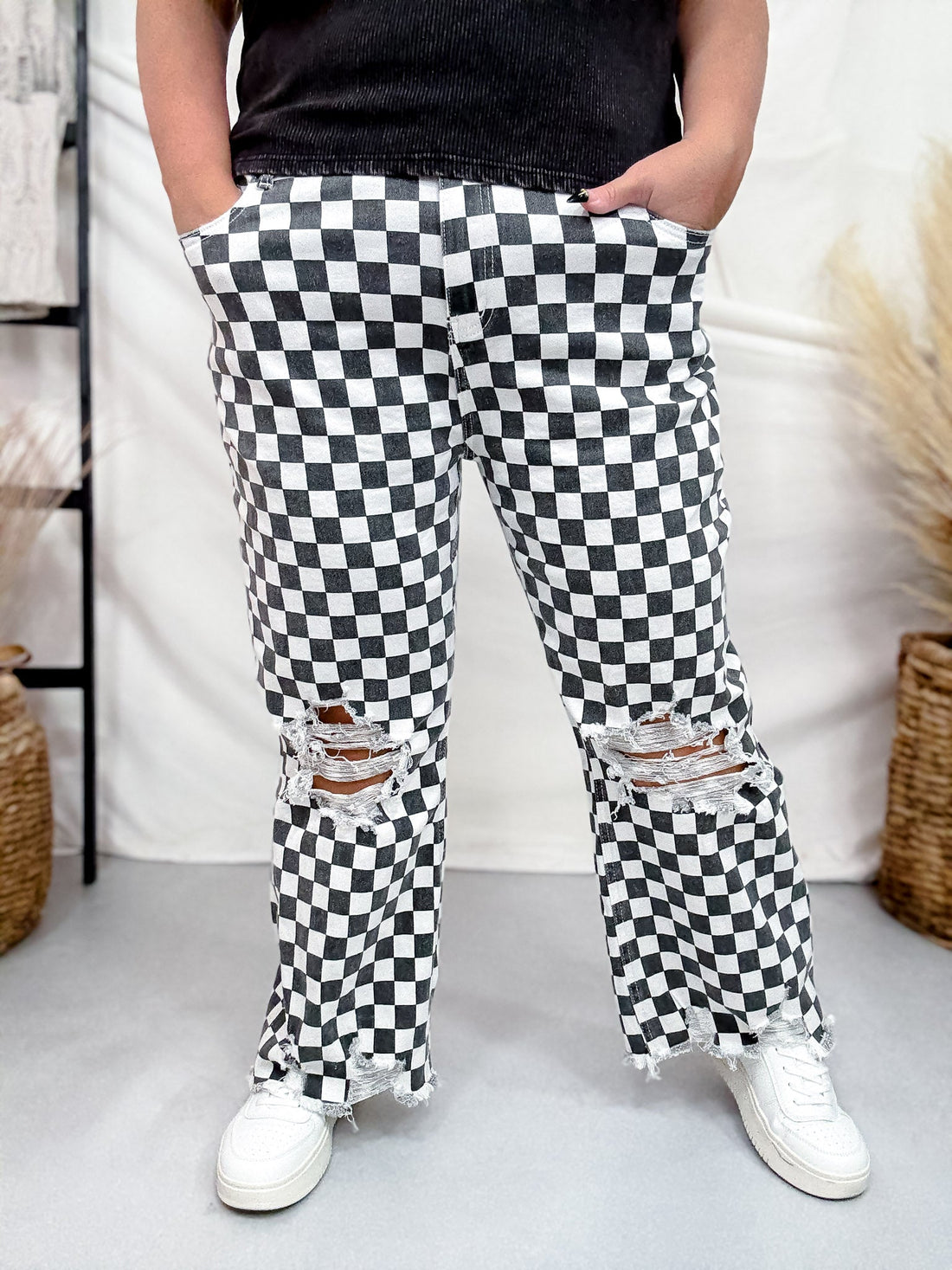 Round The Track Distressed Black & White Check Cropped Flare Jeans - Whiskey Skies - STERLING KREEK