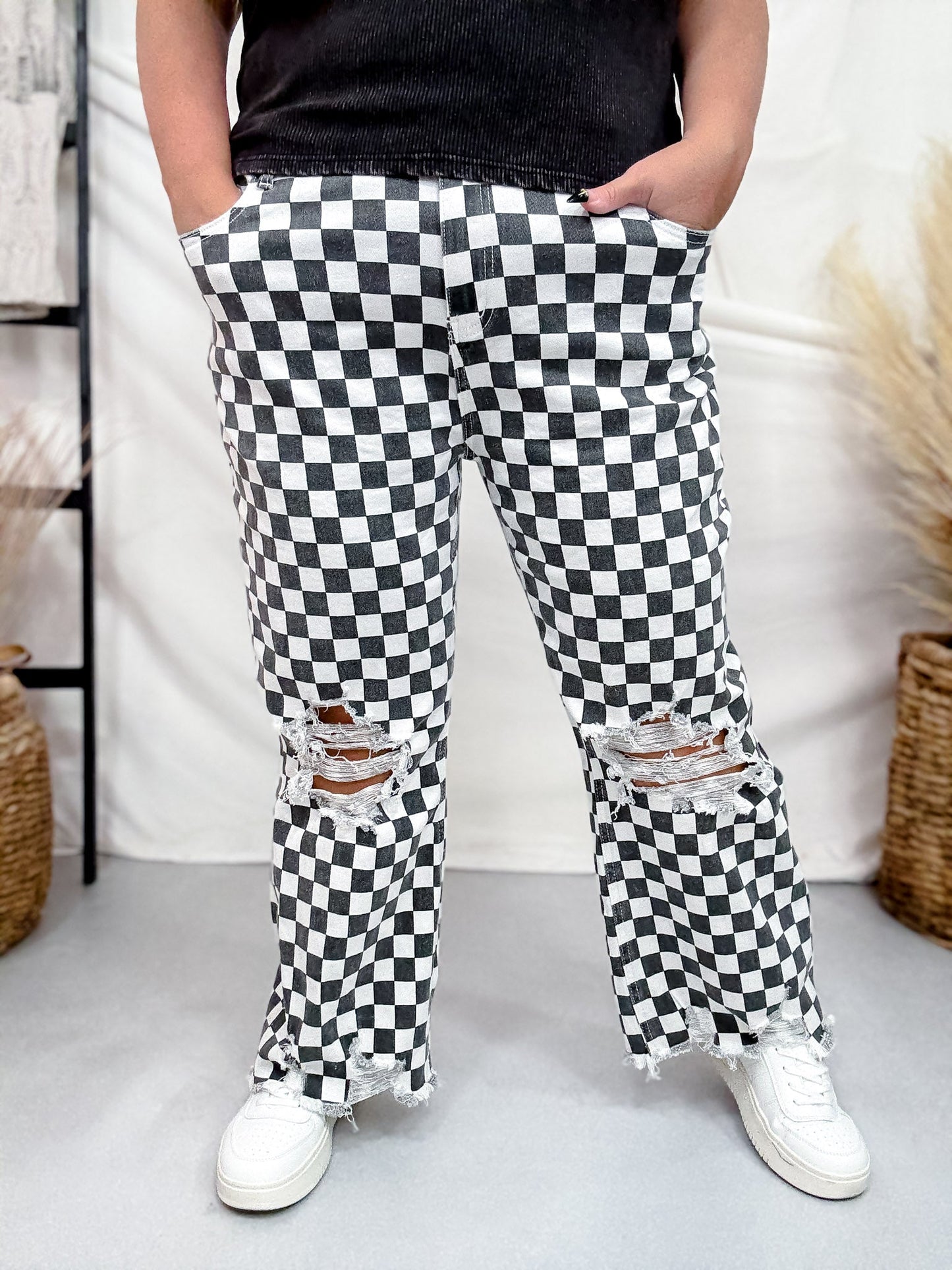 Round The Track Distressed Black & White Check Cropped Flare Jeans - Whiskey Skies - STERLING KREEK