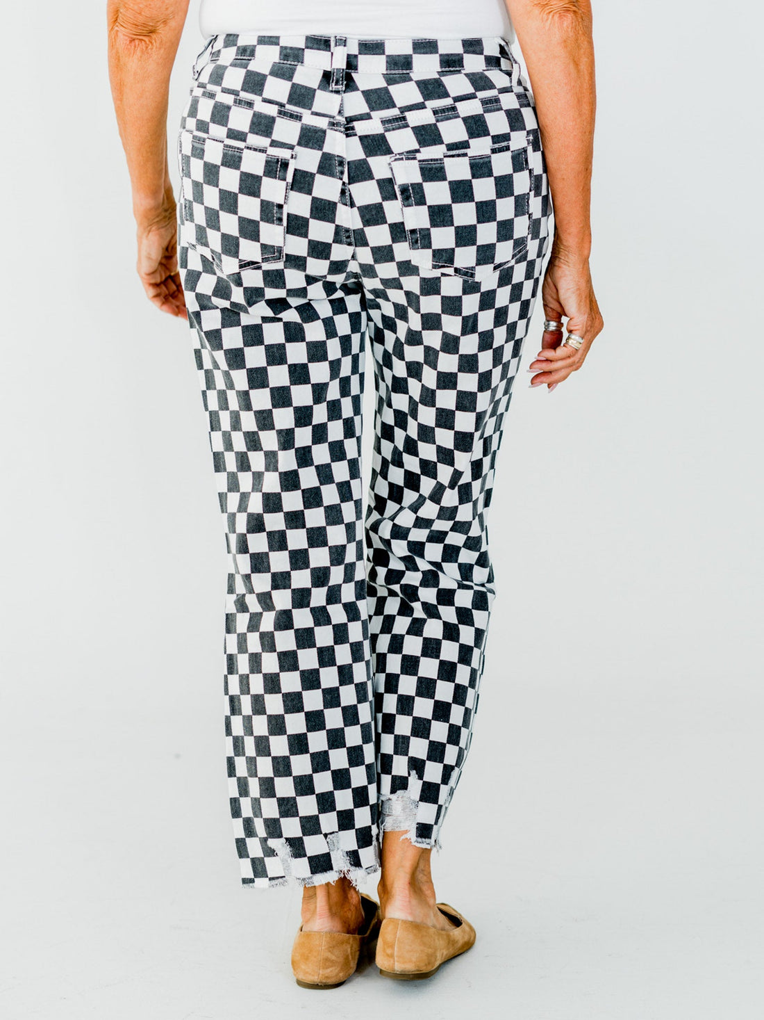 Round The Track Distressed Black & White Check Cropped Flare Jeans - Whiskey Skies - STERLING KREEK