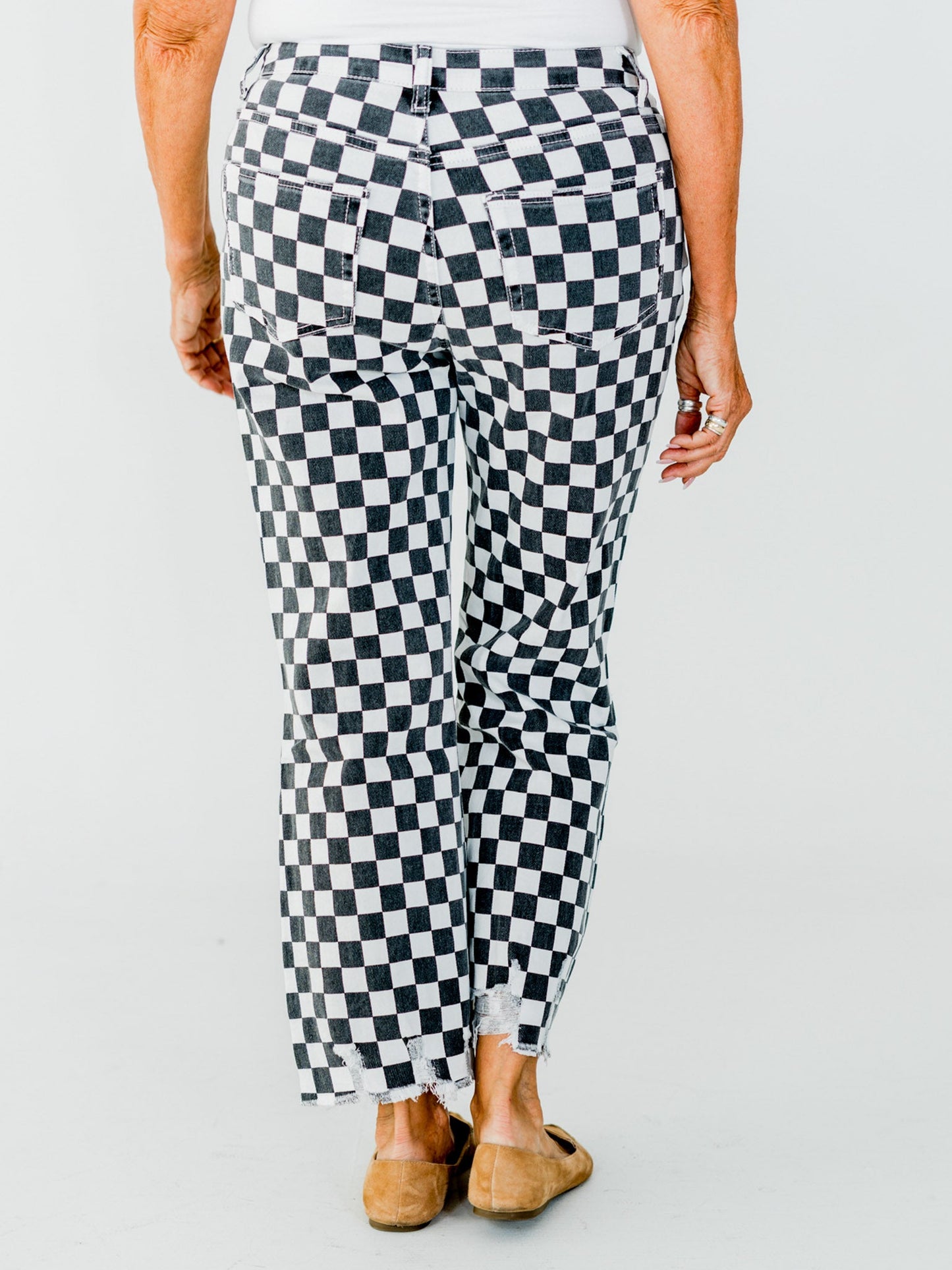 Round The Track Distressed Black & White Check Cropped Flare Jeans - Whiskey Skies - STERLING KREEK