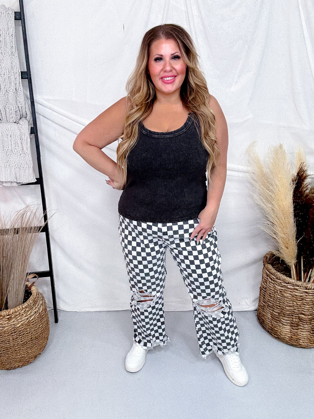 Round The Track Distressed Black & White Check Cropped Flare Jeans - Whiskey Skies - STERLING KREEK