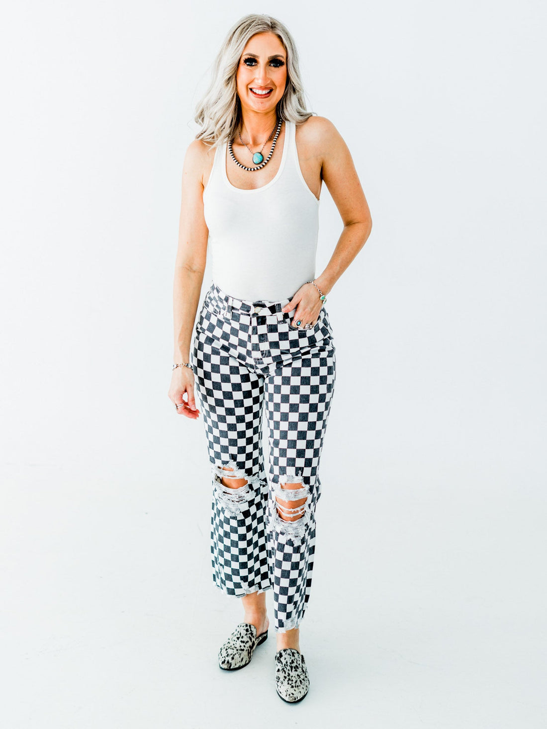 Round The Track Distressed Black & White Check Cropped Flare Jeans - Whiskey Skies - STERLING KREEK