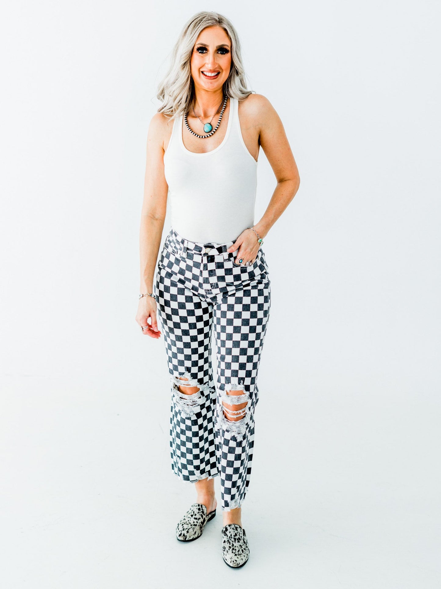 Round The Track Distressed Black & White Check Cropped Flare Jeans - Whiskey Skies - STERLING KREEK