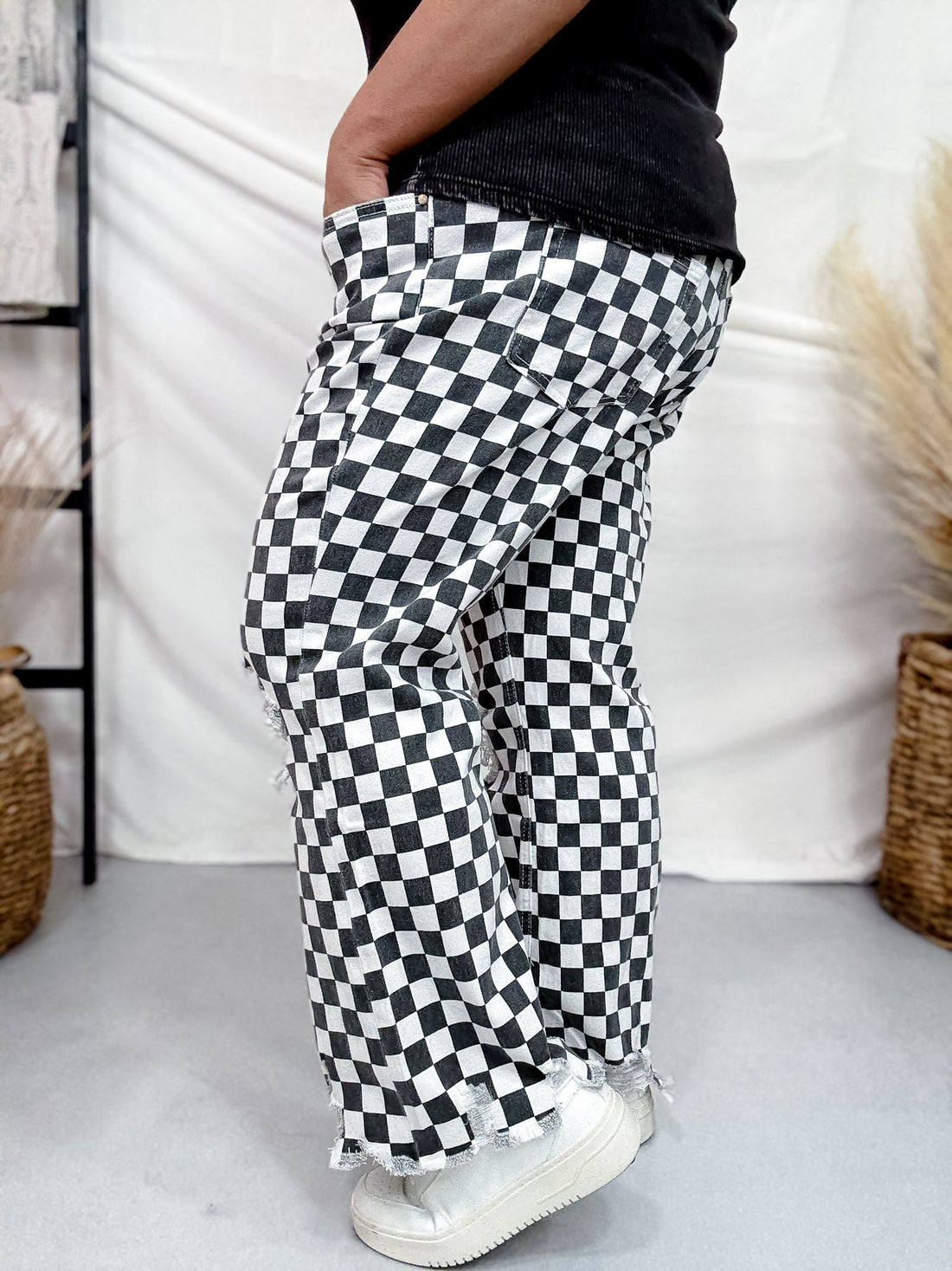 Round The Track Distressed Black & White Check Cropped Flare Jeans - Whiskey Skies - STERLING KREEK