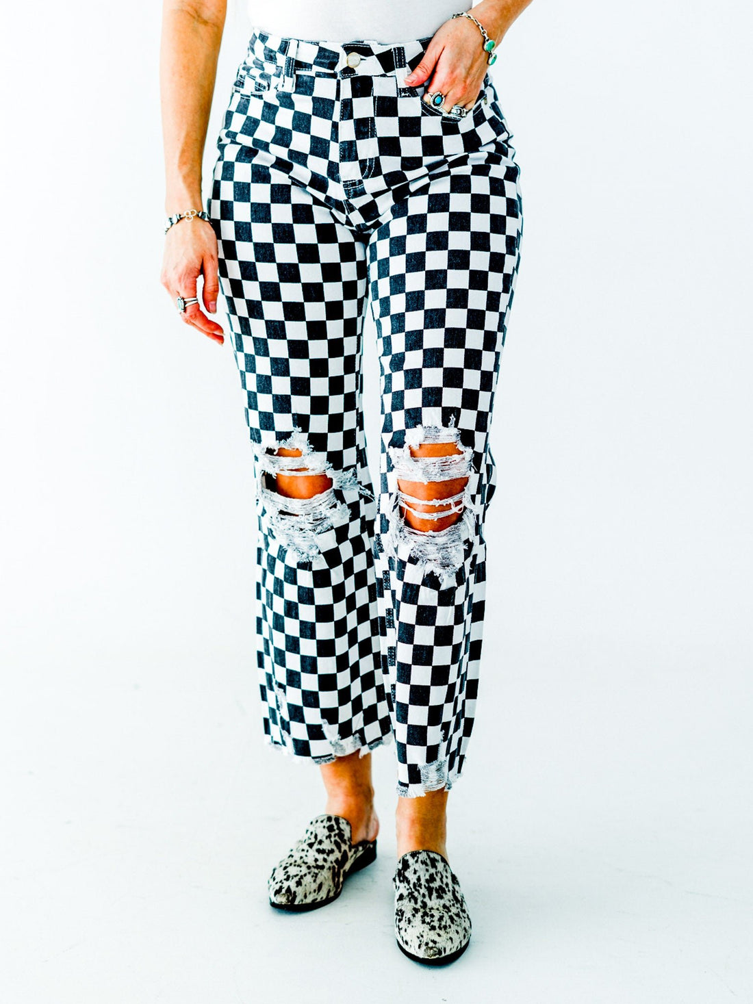 Round The Track Distressed Black & White Check Cropped Flare Jeans - Whiskey Skies - STERLING KREEK