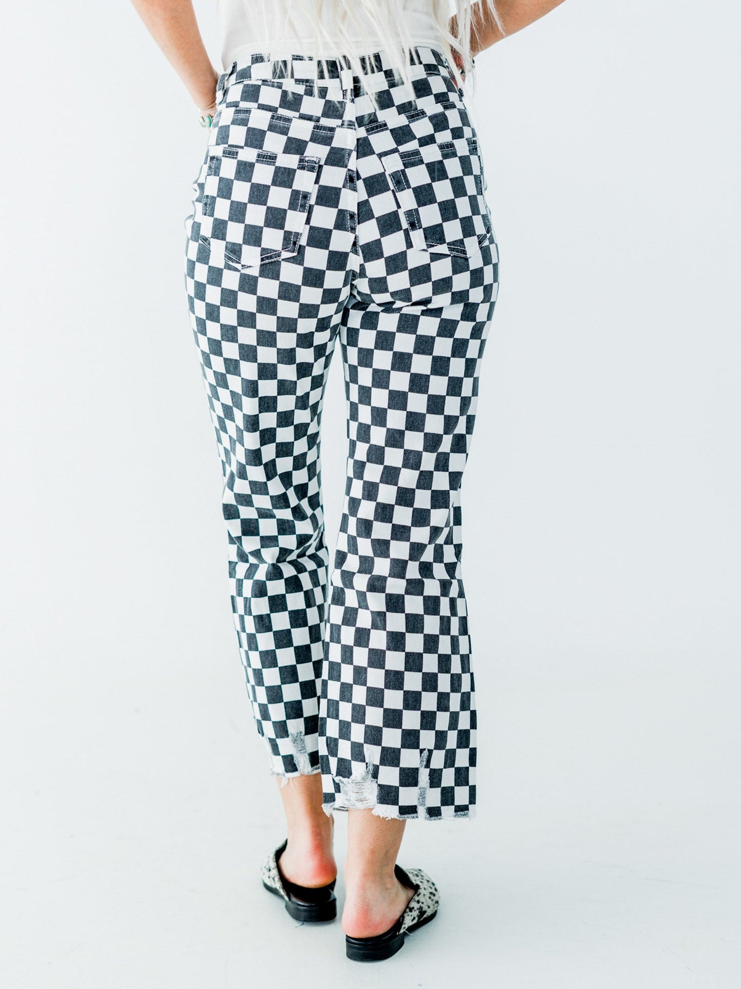 Round The Track Distressed Black & White Check Cropped Flare Jeans - Whiskey Skies - STERLING KREEK