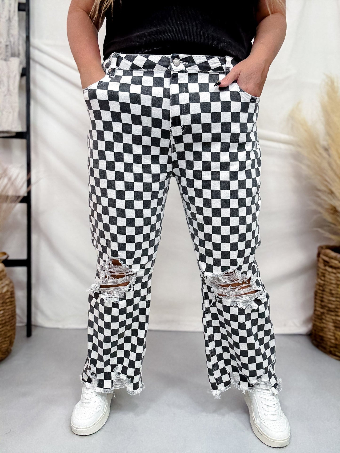Round The Track Distressed Black & White Check Cropped Flare Jeans - Whiskey Skies - STERLING KREEK