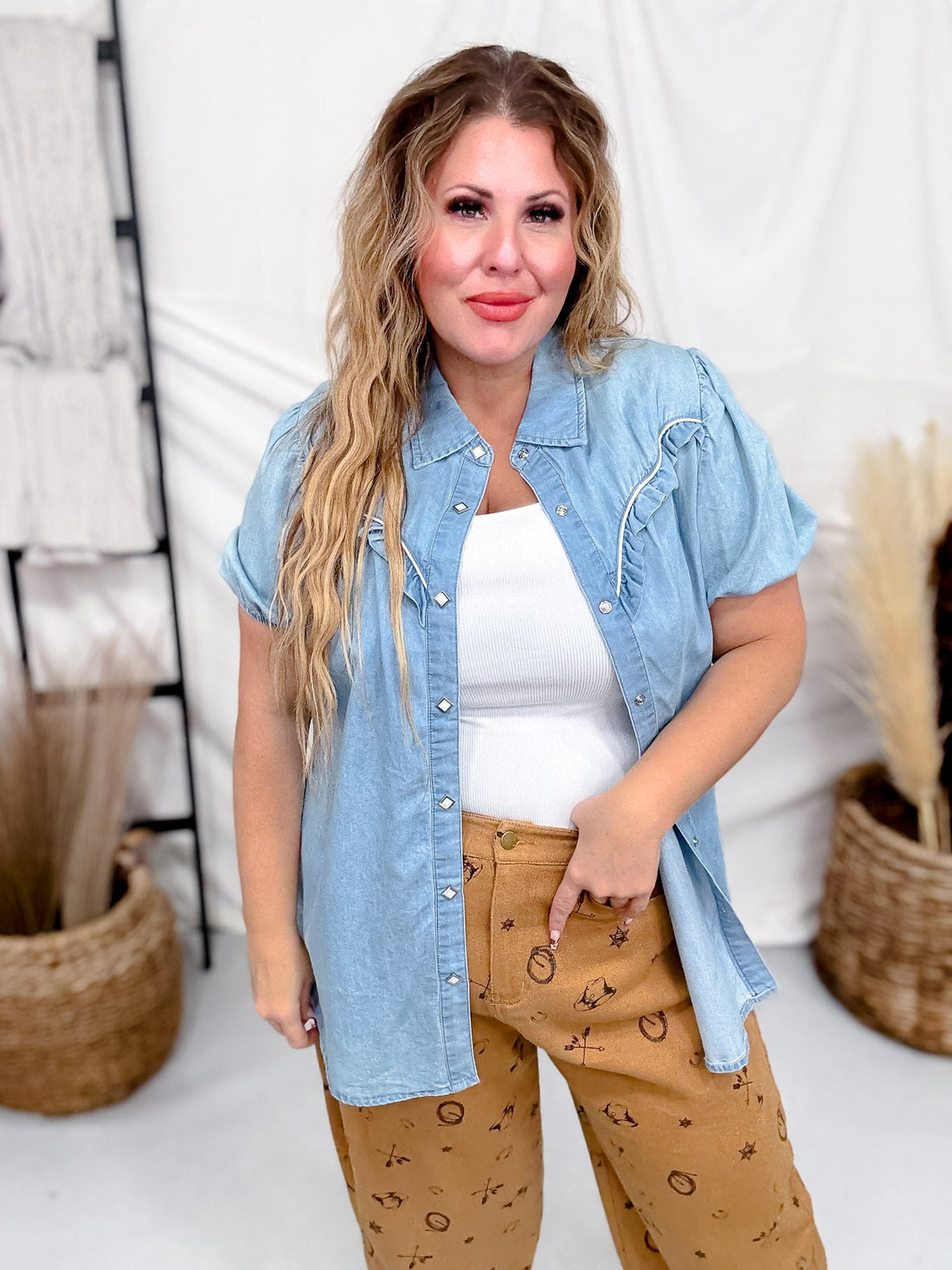 Rowdy Ruffles Collared Denim Top - Whiskey Skies - 2 FLY CO.