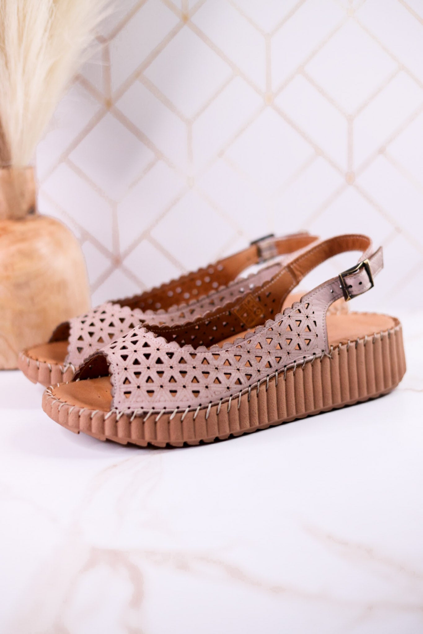 Rowyn Blush Slingback Leather Wedge Sandals - Whiskey Skies - SPRING FOOTWEAR