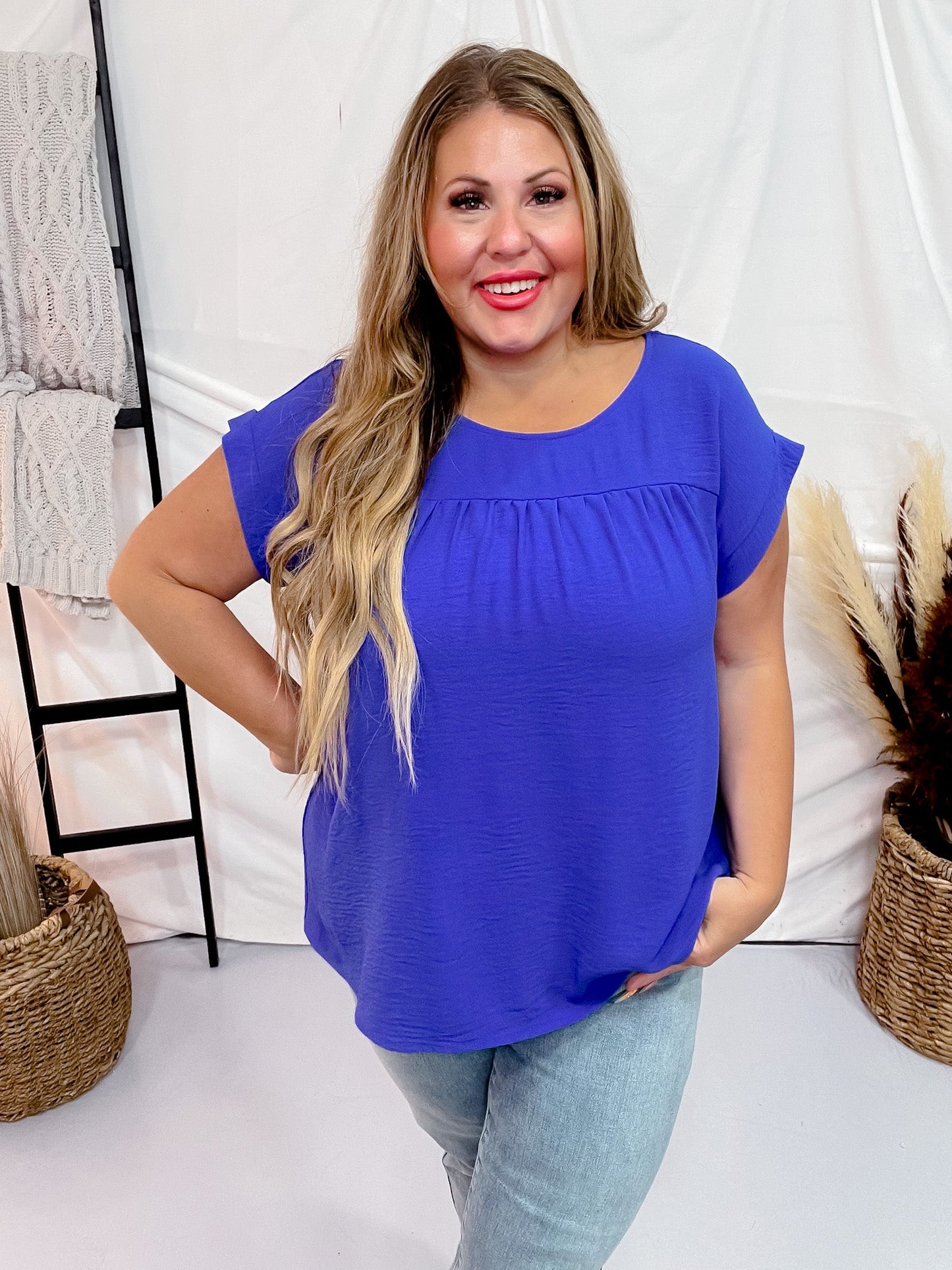 Royal Blue Round Neck Babydoll Top with Banded Sleeves - Whiskey Skies - ANDREE BY UNIT