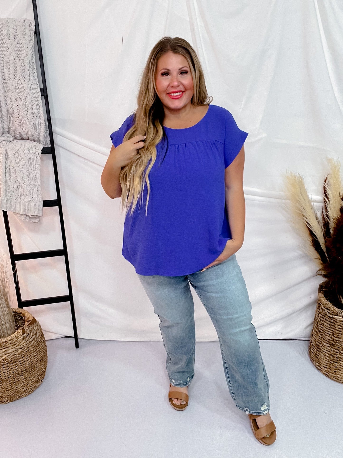 Royal Blue Round Neck Babydoll Top with Banded Sleeves - Whiskey Skies - ANDREE BY UNIT