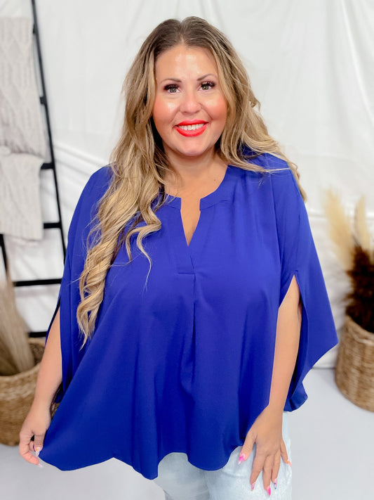 Royal Blue Split Neck Poncho Top - Whiskey Skies - ANDREE BY UNIT