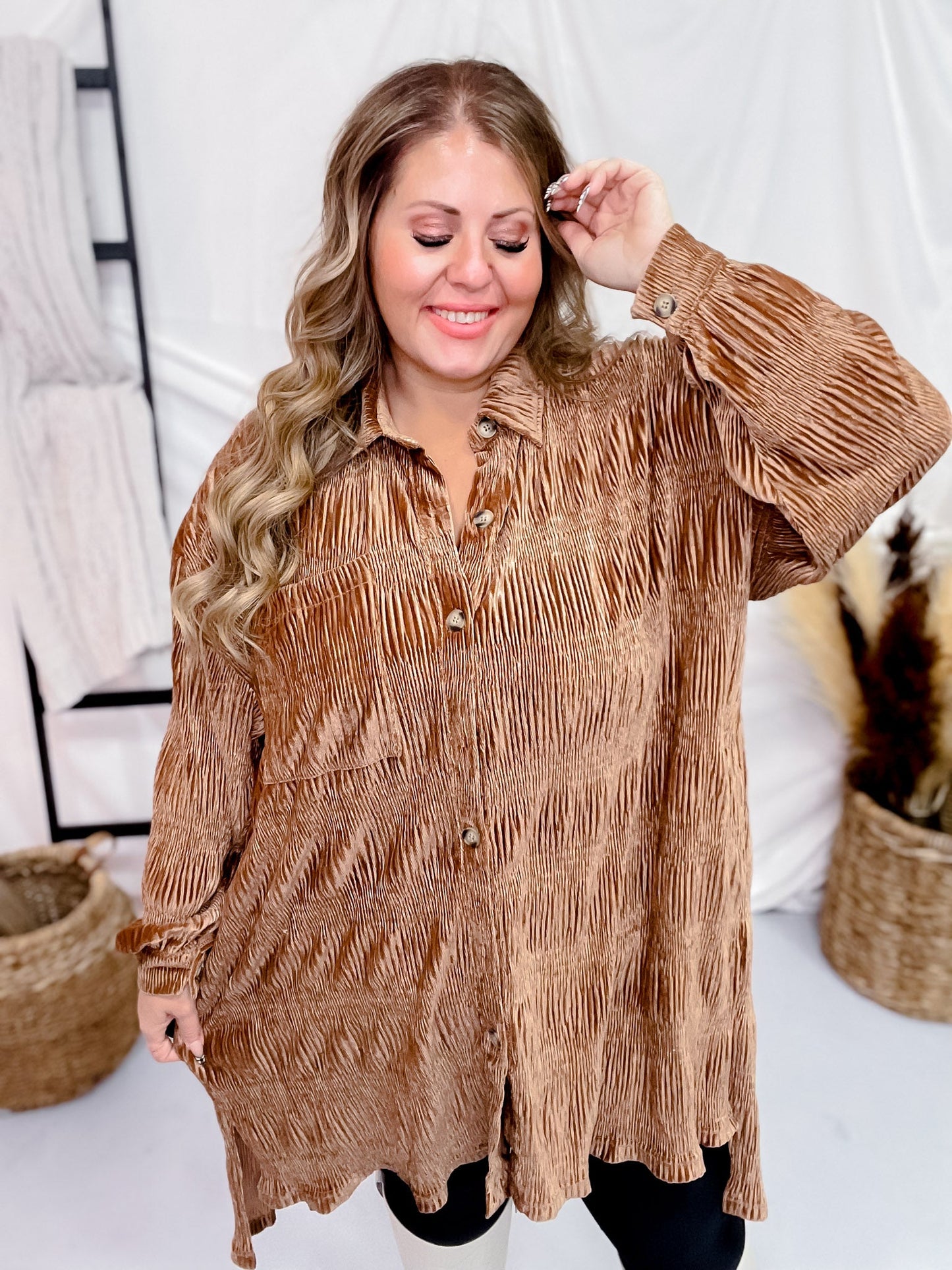 Ruched Velvet Boxy Long Sleeve Shirt Dress - Whiskey Skies - J.NNA