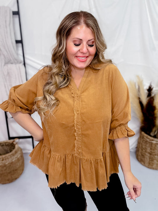 Ruffle Sleeve Corduroy Top in Camel Brown - Whiskey Skies - UMGEE