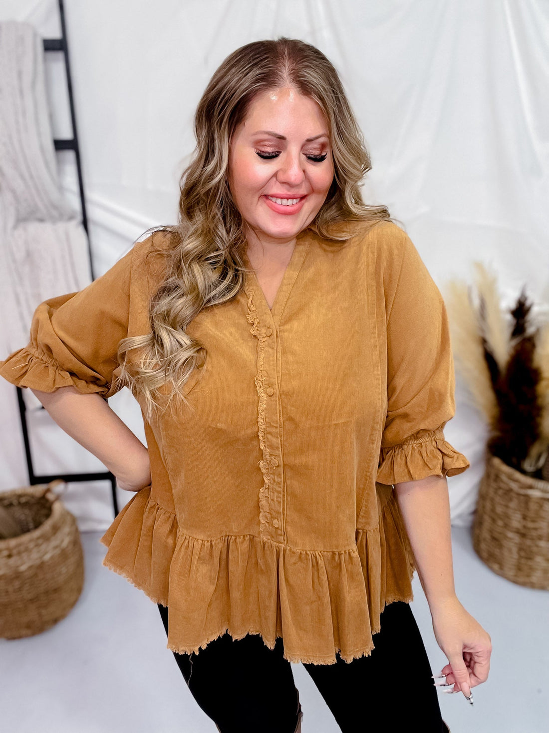 Ruffle Sleeve Corduroy Top in Camel Brown - Whiskey Skies - UMGEE
