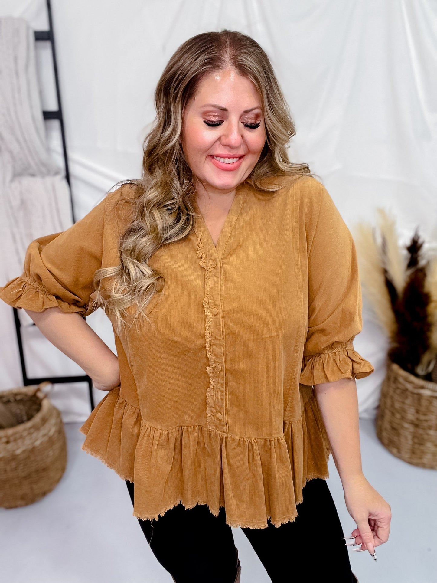 Ruffle Sleeve Corduroy Top in Camel Brown - Whiskey Skies - UMGEE