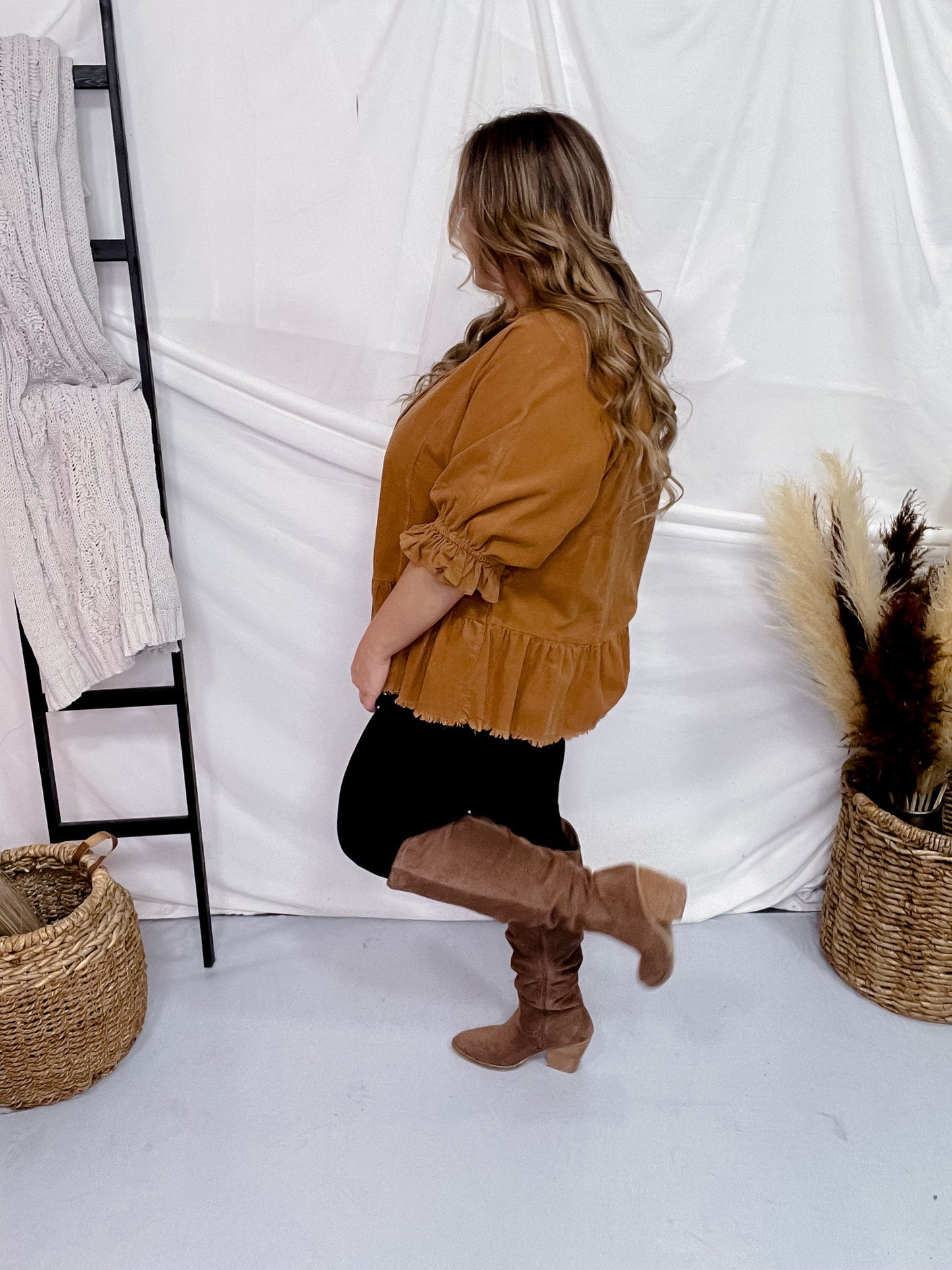 Ruffle Sleeve Corduroy Top in Camel Brown - Whiskey Skies - UMGEE