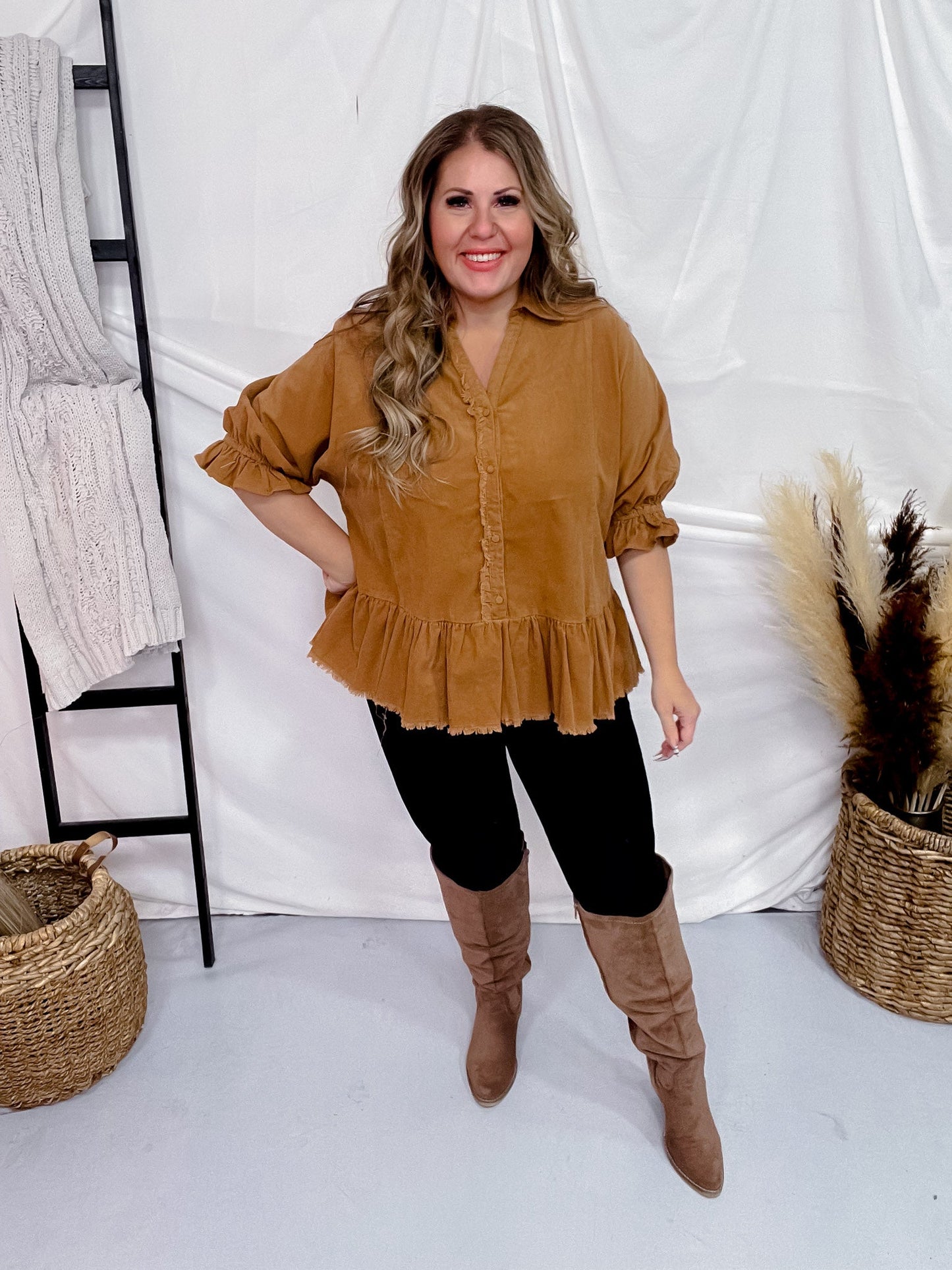 Ruffle Sleeve Corduroy Top in Camel Brown - Whiskey Skies - UMGEE