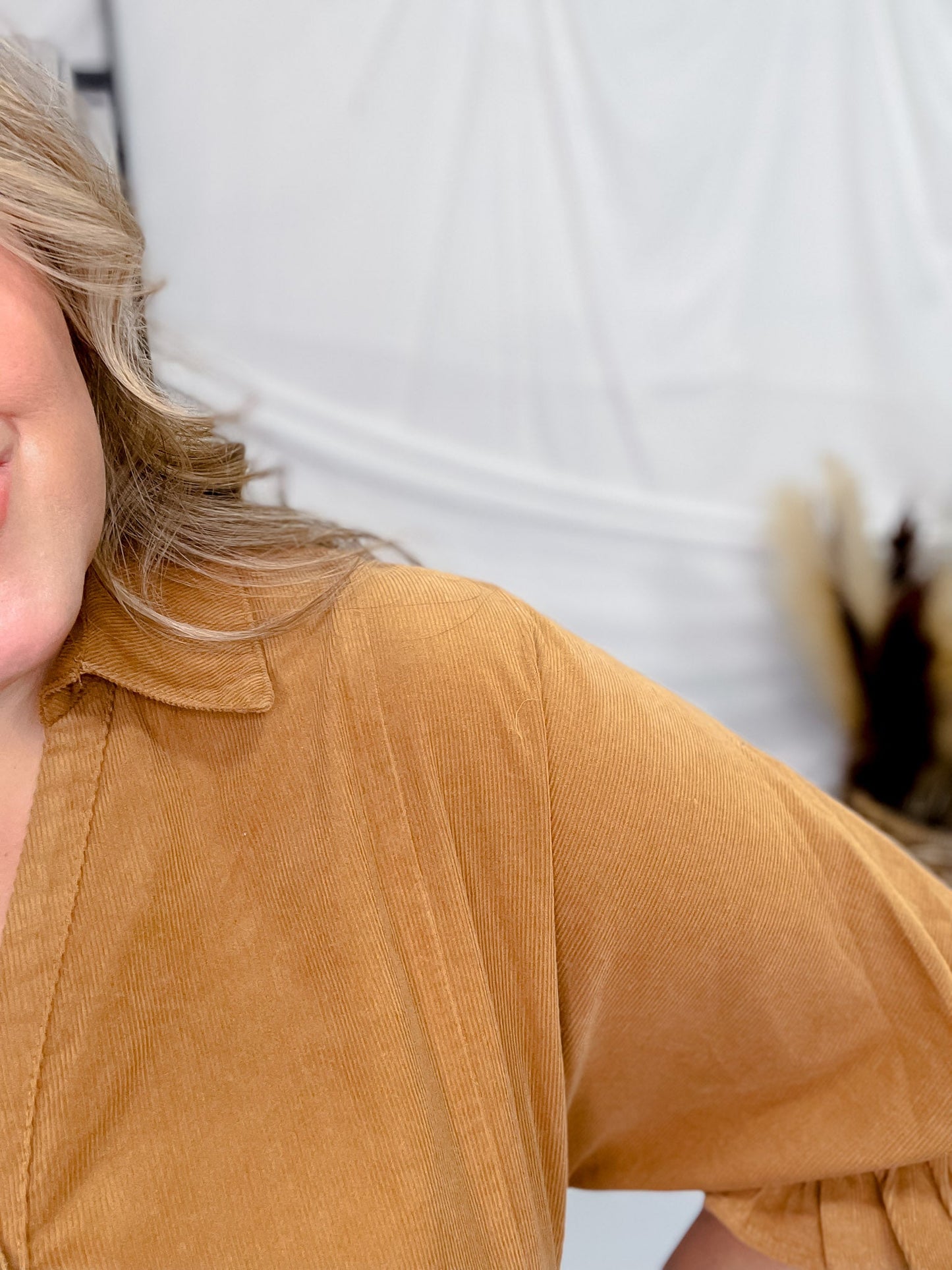 Ruffle Sleeve Corduroy Top in Camel Brown - Whiskey Skies - UMGEE