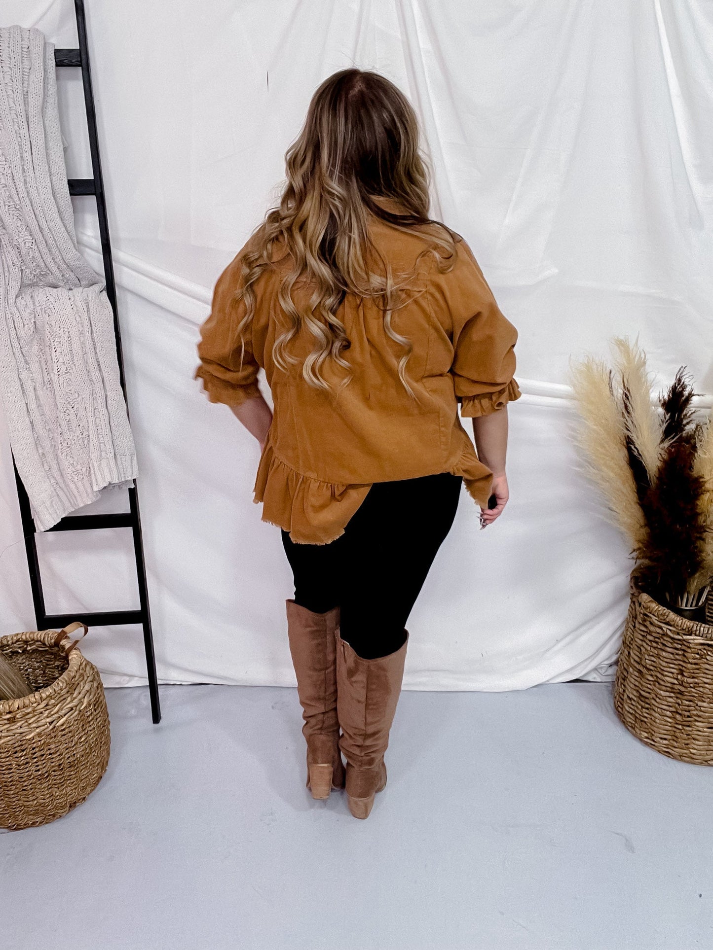 Ruffle Sleeve Corduroy Top in Camel Brown - Whiskey Skies - UMGEE