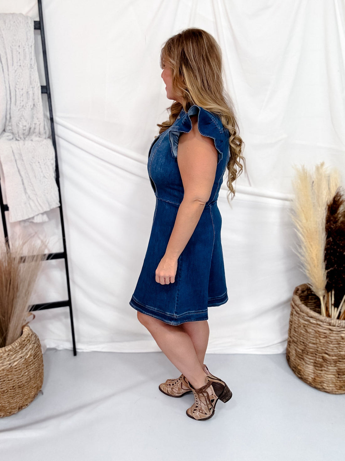 Ruffle Sleeve Denim Dress With Buttoned Neckline - Whiskey Skies - STERLING KREEK