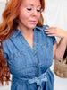 Ruffle Sleeve Denim Midi Dress With Waist Tie - Whiskey Skies - HEIMISH