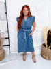 Ruffle Sleeve Denim Midi Dress With Waist Tie - Whiskey Skies - HEIMISH