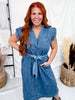 Ruffle Sleeve Denim Midi Dress With Waist Tie - Whiskey Skies - HEIMISH
