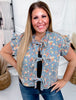 Ruffled Edge Floral Print Denim Vest With Tie Front - Whiskey Skies - BIBI