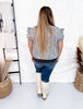 Ruffled Edge Floral Print Denim Vest With Tie Front - Whiskey Skies - BIBI
