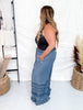 Ruffled Hem Wide Leg Chambray Pants In Dark Denim - Whiskey Skies - EASEL