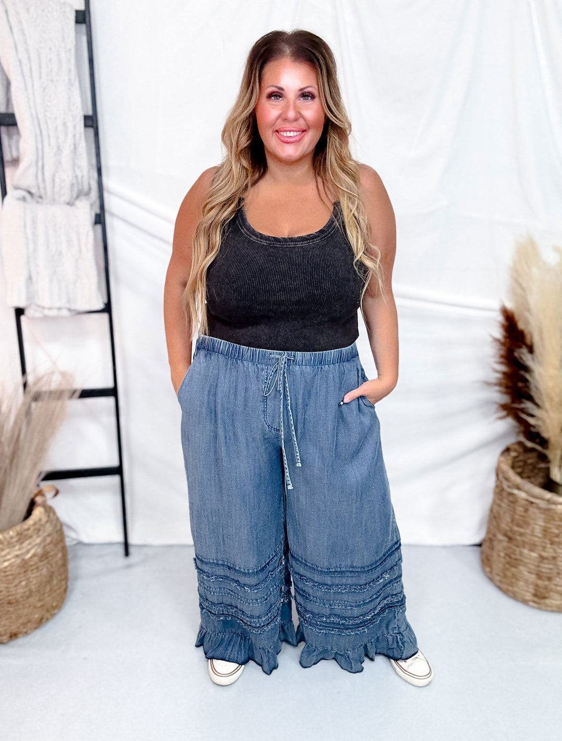 Ruffled Hem Wide Leg Chambray Pants In Dark Denim - Whiskey Skies - EASEL