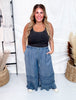 Ruffled Hem Wide Leg Chambray Pants In Dark Denim - Whiskey Skies - EASEL
