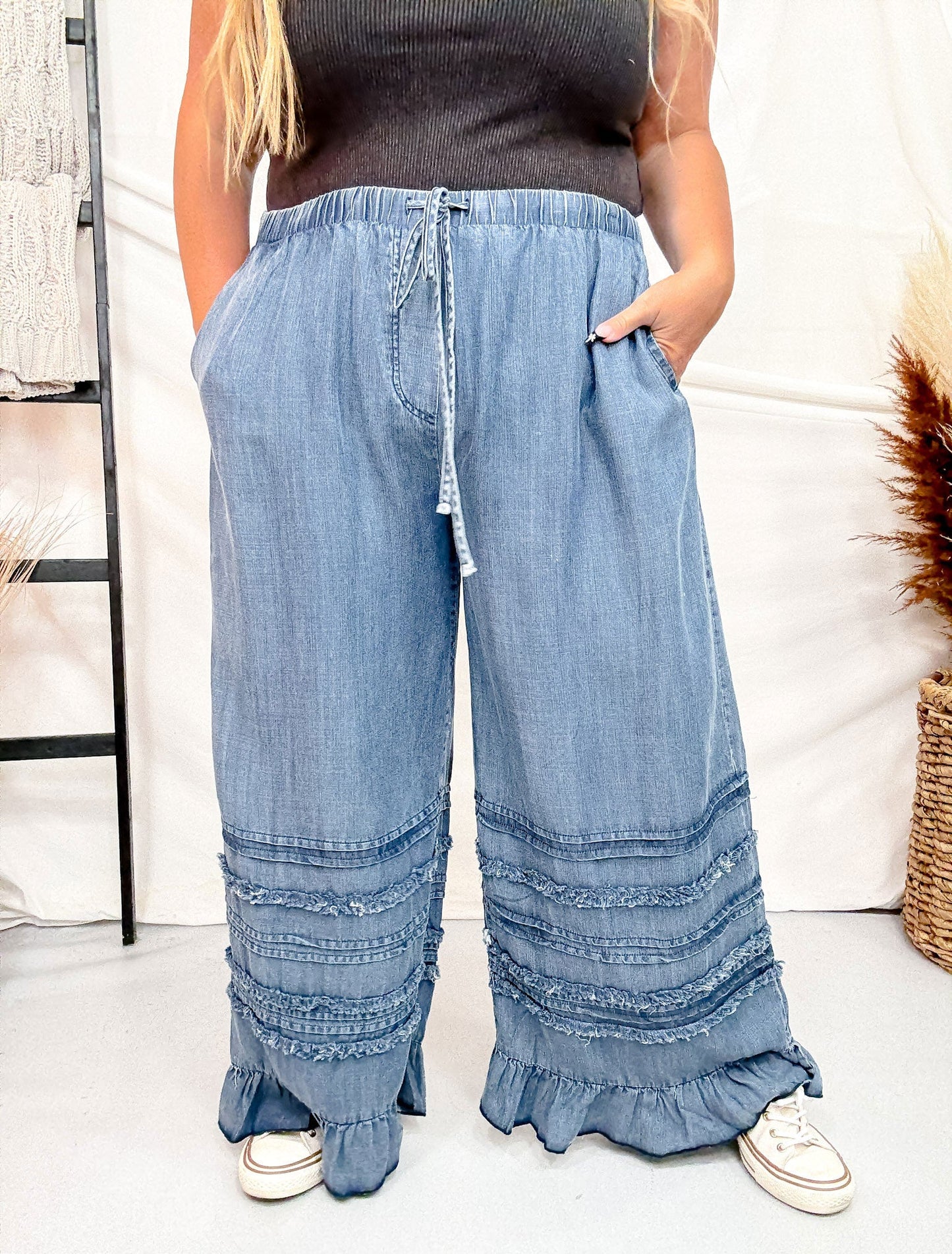 Ruffled Hem Wide Leg Chambray Pants In Dark Denim - Whiskey Skies - EASEL