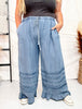 Ruffled Hem Wide Leg Chambray Pants In Dark Denim - Whiskey Skies - EASEL