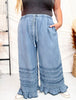 Ruffled Hem Wide Leg Chambray Pants In Dark Denim - Whiskey Skies - EASEL