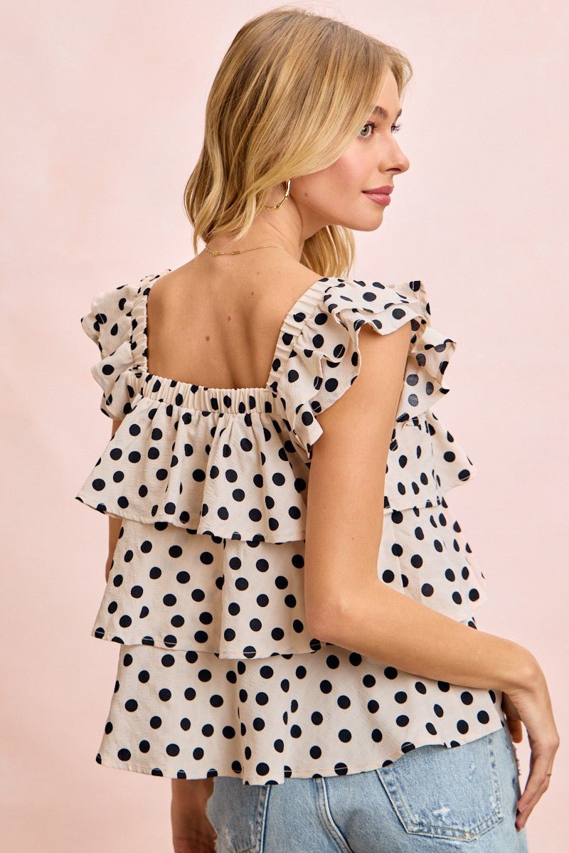 Ruffled Polka Dot Top With Bow Accent - Whiskey Skies - BIBI
