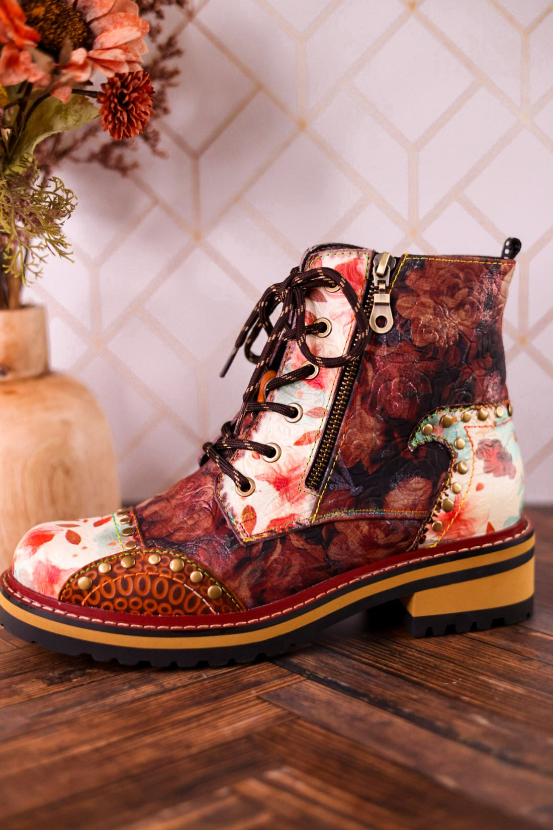 Rugup Brown Leather Studded Mixed Pattern Boots - Whiskey Skies - SPRING FOOTWEAR