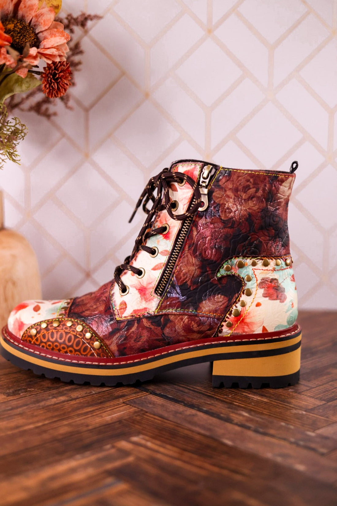 Rugup Brown Leather Studded Mixed Pattern Boots - Whiskey Skies - SPRING FOOTWEAR