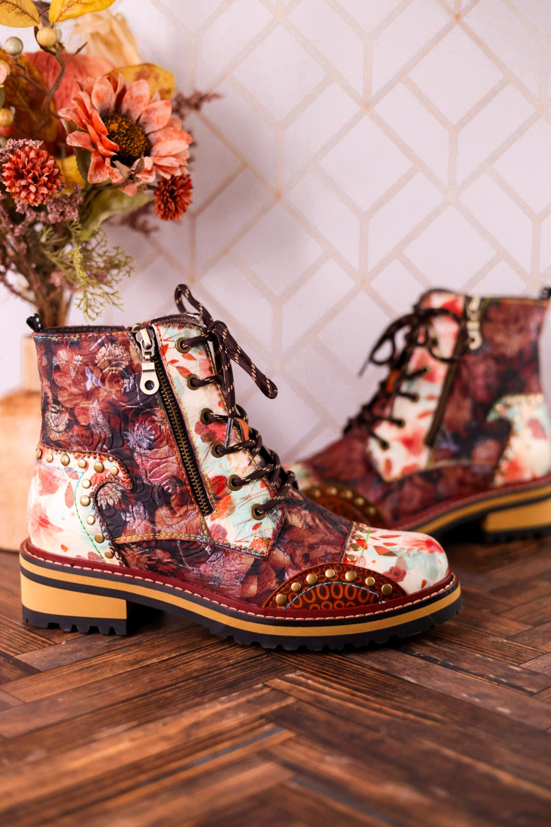 Rugup Brown Leather Studded Mixed Pattern Boots - Whiskey Skies - SPRING FOOTWEAR