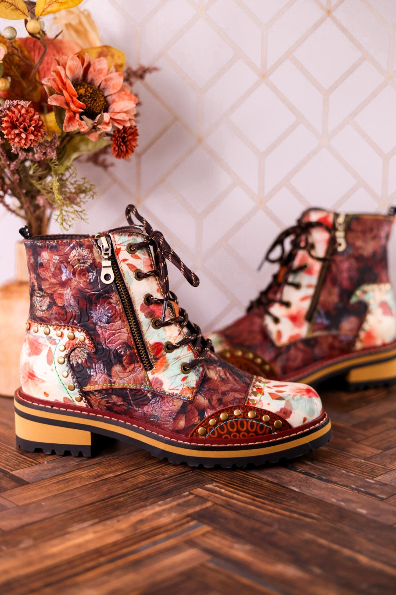Rugup Brown Leather Studded Mixed Pattern Boots - Whiskey Skies - SPRING FOOTWEAR