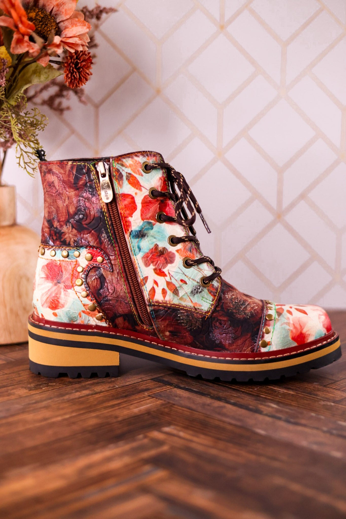 Rugup Brown Leather Studded Mixed Pattern Boots - Whiskey Skies - SPRING FOOTWEAR