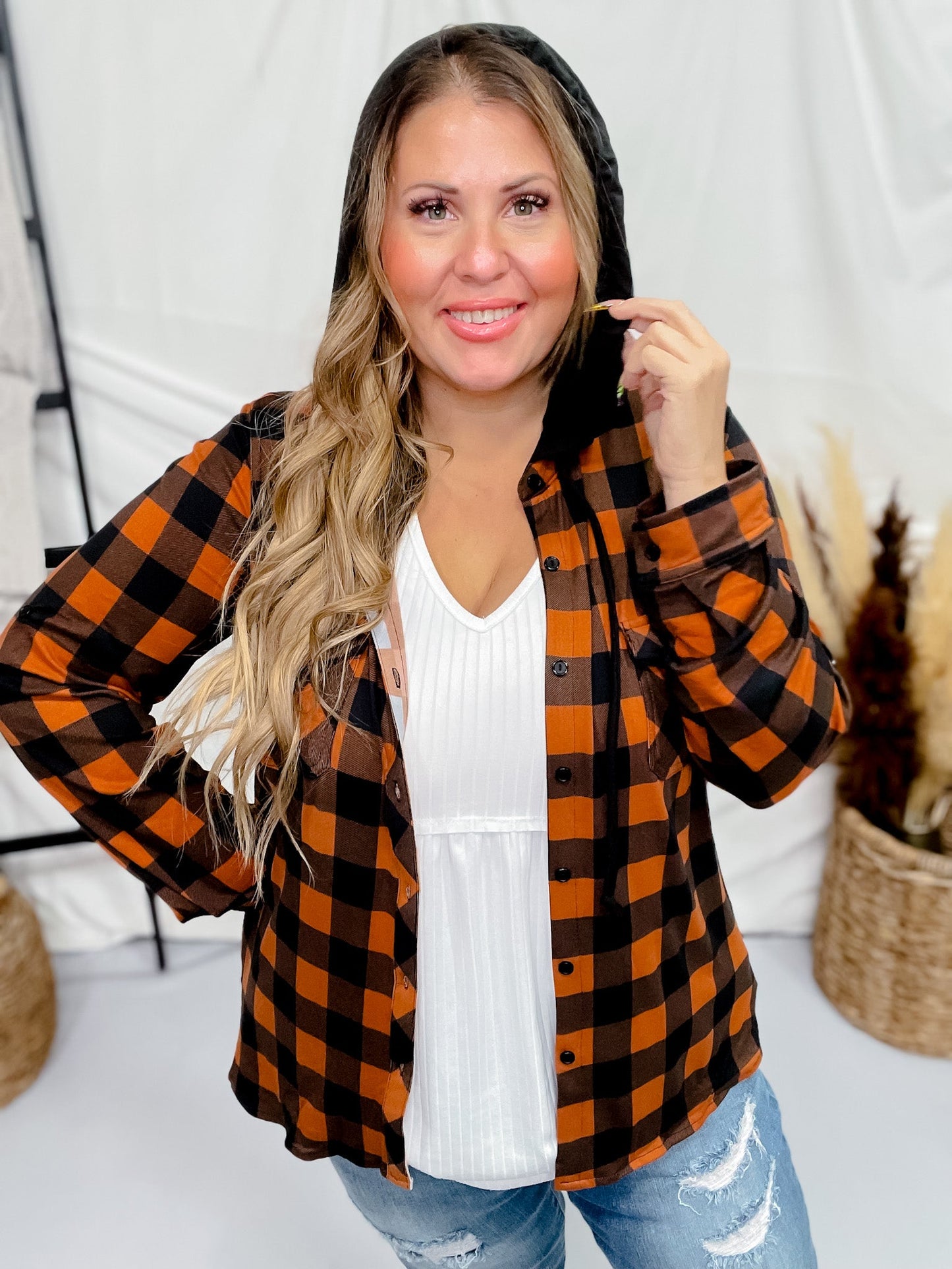 Rust and Black Plaid Button Up with Black Contrasting Hoodie - Whiskey Skies - DNA COUTURE